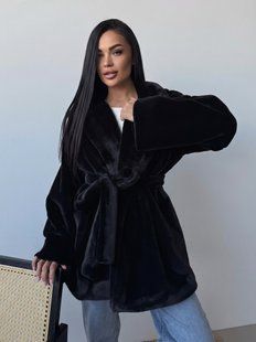 Женская шуба Mink из экомеха под норку короткая с поясом черная 42-48 фото