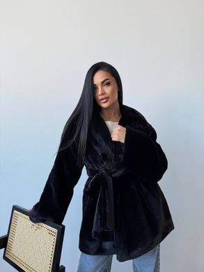 Жіноча шуба Mink з екохутра під норку коротка з поясом чорна 42-48 фото