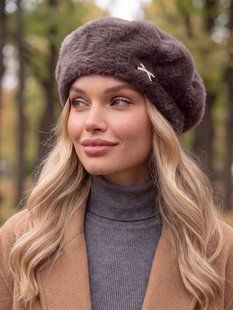 Жіночий берет Alpaca з екохутра кава з молоком (мокко) фото
