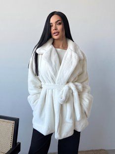 Женская шуба Mink из экомеха под норку короткая с поясом молочная 42-48 фото