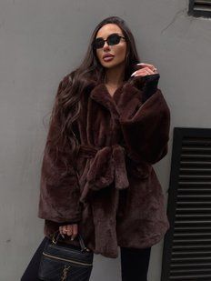 Женская шуба Mink из экомеха под норку короткая с поясом коричневая (шоколад) 42-48 фото