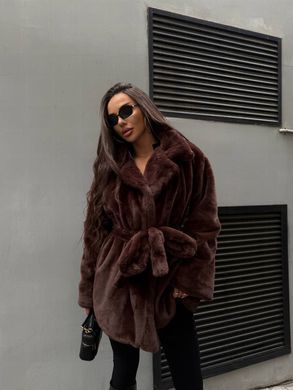 Жіноча шуба Mink з екохутра під норку коротка з поясом коричнева (шоколад) 42-48 фото