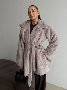 Женская шуба Mink из экомеха под норку короткая с поясом серая 42-48 фото