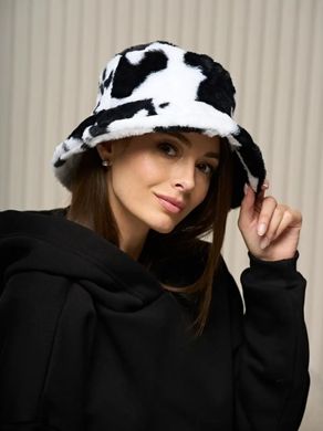 Панама женская зимняя теплая Cow меховая черная с белым фото