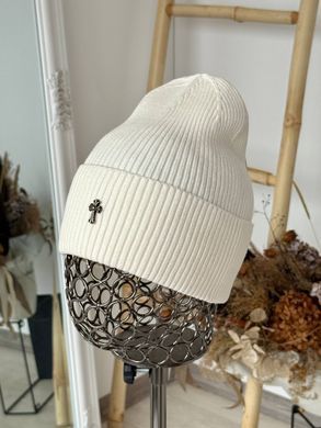 Шапка унисекс Chrome Hearts Ribbed тонкая демисезон с отворотом молочная (айвори) фото