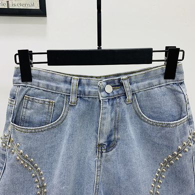 Женские шорты с высокой посадкой джинсовые с заклепками голубые S фото