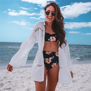 Жіноча пляжна туніка-сорочка з кільцями та рюшами біла фото