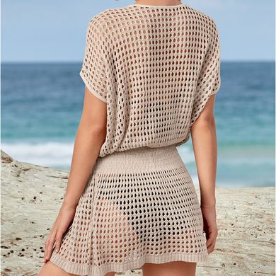 Женская пляжная туника-платье сетка с коротким рукавом и V-образным вырезом бежевая фото