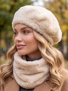Женский комплект Alpaca берет + бафф бежевый фото