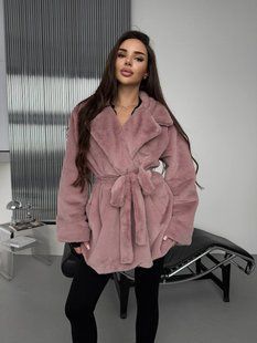 Женская шуба Mink из экомеха под норку короткая с поясом пыльная роза 42-48 фото