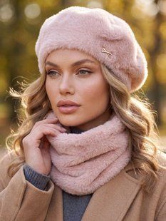 Женский комплект Alpaca берет + бафф розовый (пудра) фото