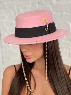Шляпа женская Канотье Calabria с металлическим декором и цепочкой розовая (пудра) фото