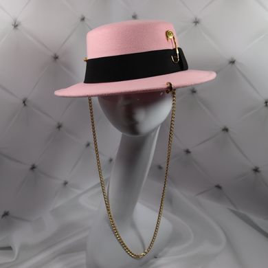 Шляпа женская Канотье Calabria с металлическим декором и цепочкой розовая (пудра) фото