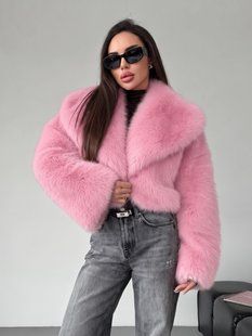 Женская шуба Cropped укороченная с отложным воротником свободного кроя розовая (барби) 42-48 фото