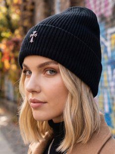 Шапка унісекс Chrome Hearts Ribbed тонка демісезон з відворотом чорна фото