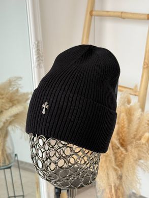 Шапка унісекс Chrome Hearts Ribbed тонка демісезон з відворотом чорна фото