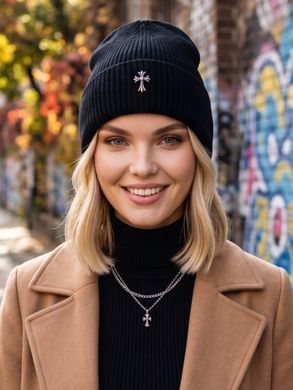 Шапка унісекс Chrome Hearts Ribbed тонка демісезон з відворотом чорна фото