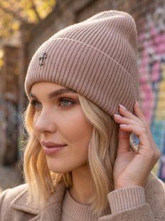 Шапка унісекс Chrome Hearts Ribbed тонка демісезон з відворотом бежева фото