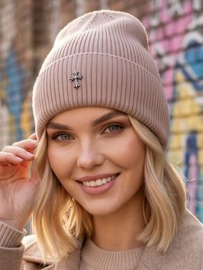 Шапка унісекс Chrome Hearts Ribbed тонка демісезон з відворотом бежева фото