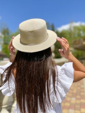 Шляпа женская летняя канотье с мерцающими камнями бежевая фото