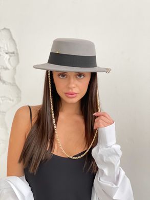 Шляпа женская Канотье Calabria с металлическим декором и цепочкой серая фото