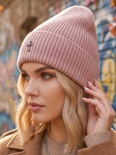 Шапка унісекс Chrome Hearts Ribbed тонка демісезон з відворотом пудра фото