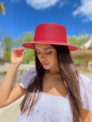 Шляпа женская летняя канотье с мерцающими камнями красная фото