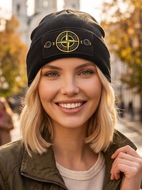 Шапка унісекс Stone Island Compass Logo Patch з відворотом чорна фото