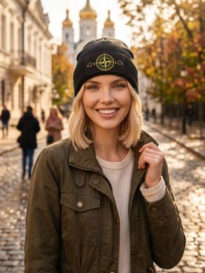 Шапка унісекс Stone Island Compass Logo Patch з відворотом чорна фото