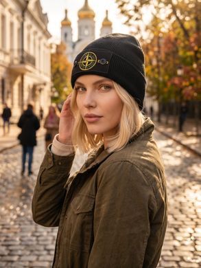 Шапка унісекс Stone Island Compass Logo Patch з відворотом чорна фото