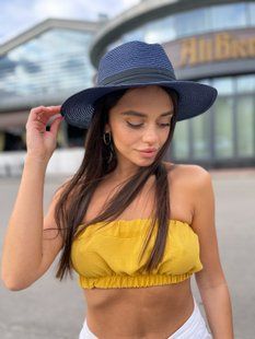 Капелюх унісекс літня Федора зі стрічкою синя фото