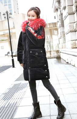Женский удлиненный зимний бархатный пуховик, парка, куртка с пайетками черный M фото