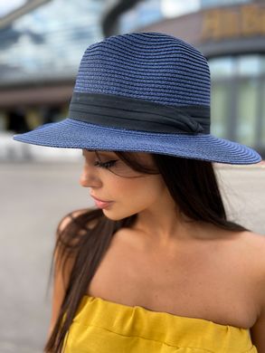 Шляпа унисекс летняя Федора с лентой синяя фото