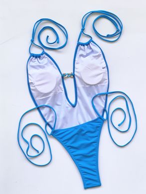 Купальник сдельный монокини с открытой спиной и цепочкой голубой фото