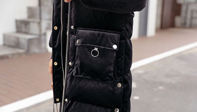 Жіночий подовжений зимовий оксамитовий пуховик, парку, куртка з паєтками чорний M фото