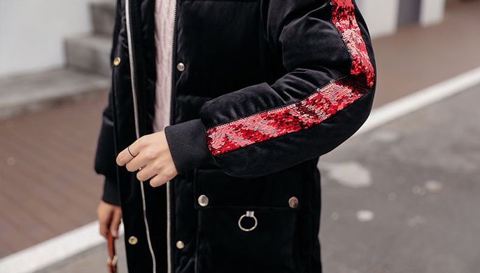 Женский удлиненный зимний бархатный пуховик, парка, куртка с пайетками черный M фото