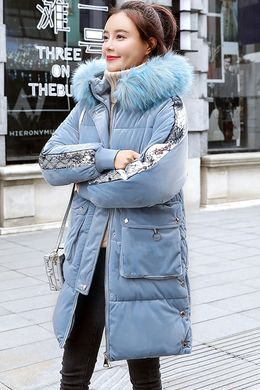 Женский удлиненный зимний бархатный пуховик, парка, куртка с пайетками голубой фото