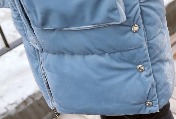 Женский удлиненный зимний бархатный пуховик, парка, куртка с пайетками голубой фото